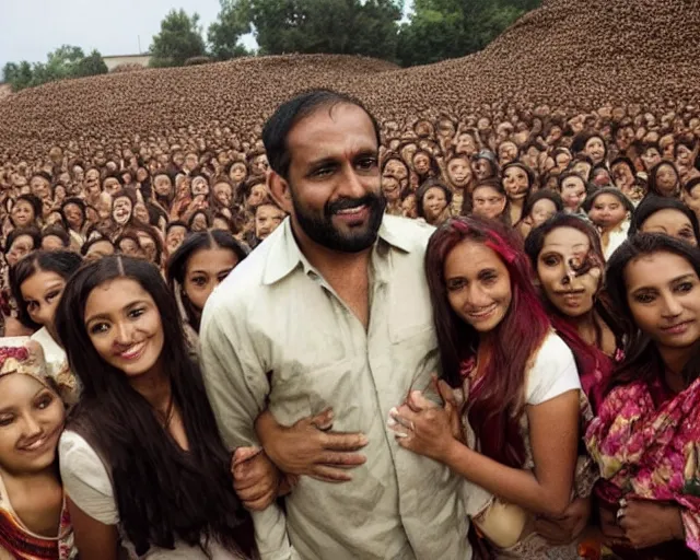 Image similar to a brown man with 10,100 adoring wives.