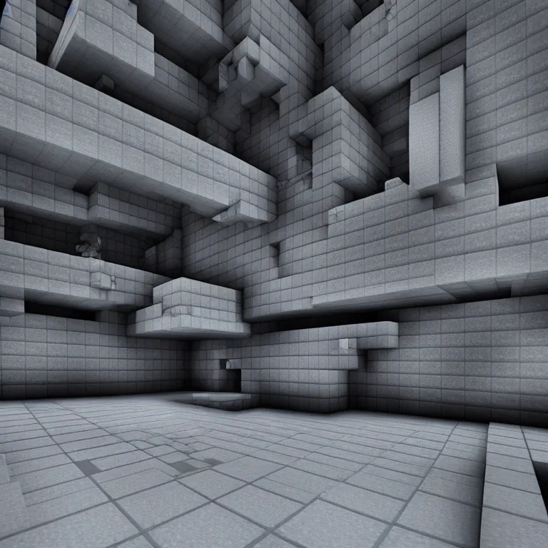 Image similar to Concrete gray multi-layered underground structure with multiple floors and a plus-shaped cleft in the center. Inside view, minecraft style, layers, straight lines, corners, high detailed, details, ultra realistic, photorealism, 8k, wide shot, symmetrical, render, brutalism, ray of light, architecture, volumetric lighting, cinematic, shadows