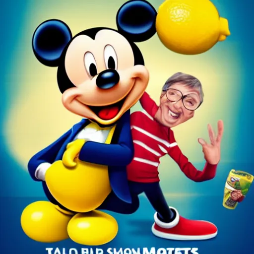 Prompt: movie poster with Bill Gates,Mickey Mouse,a lemon,and a car