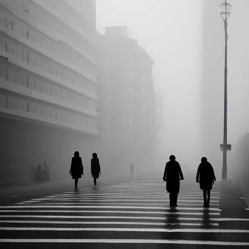 Image similar to people going to their office walking on wide side road,modern san francisco,misty morning with long shadows,fan ho photography