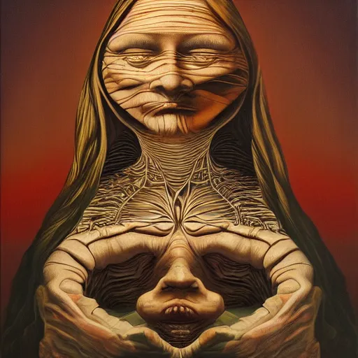 Image similar to monalisa by jacek yerka, alex gray, zdzisław beksiński, dariusz zawadzki, jeffrey smith and h.r. giger, oil on canvas, 8k highly professionally detailed, trending on artstation