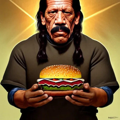 Prompt: portrait of Danny Trejo eating hamburgers, extra onions and ketchup, luscious patty with sesame seeds, ethereal, holy sacred light rays, handsome, D&D, fantasy, intricate, elegant, highly detailed, digital painting, artstation, concept art, matte, sharp focus, illustration, art by Artgerm and Greg Rutkowski and Alphonse Mucha