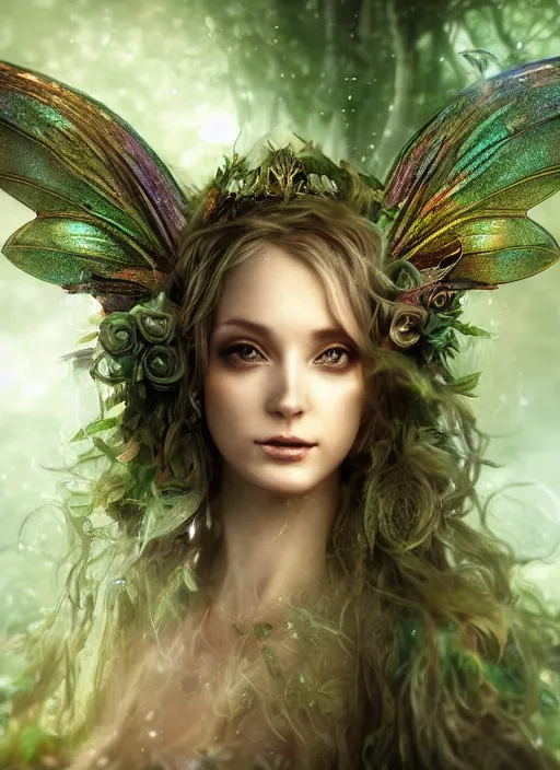Image similar to beautiful beautiful fairy faerie fey fae queen forest spirit highly detailed CGsociety subtle enchanting alluring magical concept art HDR hyper realistic volumetric lighting subsurface scattering unreal