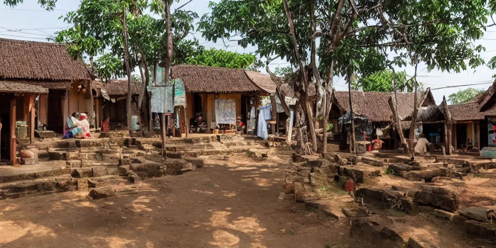 Prompt: a quaint village with a mix of khmer and nabatean architecture