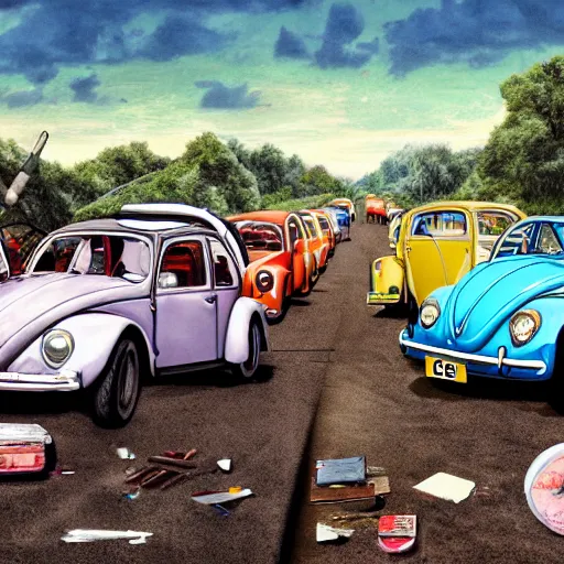 Prompt: highly detailed illustration of a bunch of volkswagen beetles and the british group the beatles battling on a junkyard battleground, color restoration