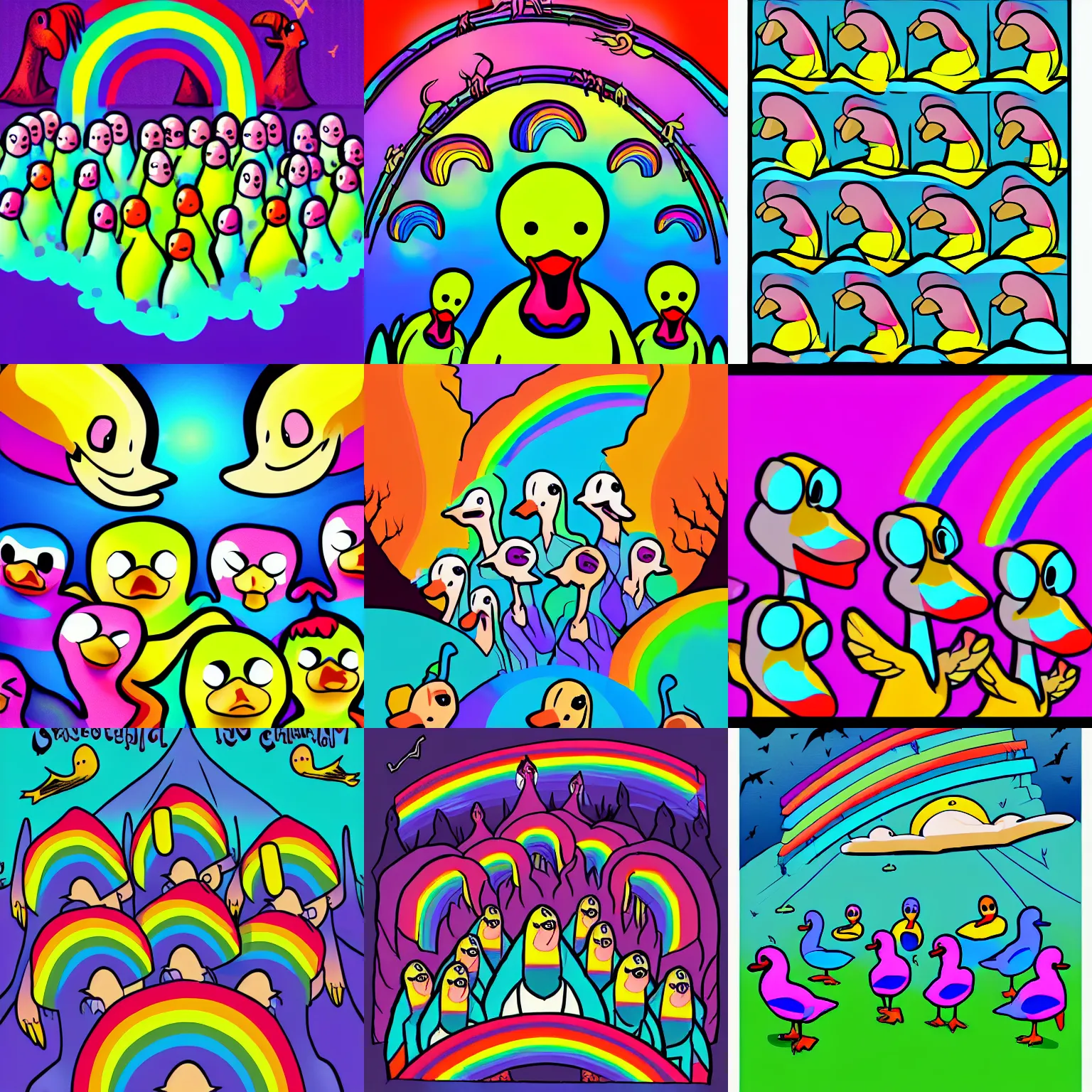 Prompt: Mystical choir of scary rainbow-coloured ducks, artstation, comic style