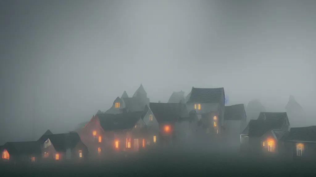 Image similar to village with many beautiful houses in the fog, fog, volumetric lighting, mystique, atmospheric, conept art, teal and orange, sharp focus, ultra detailed, noir arthouse, 4 k, cinematic, 3 5 mm