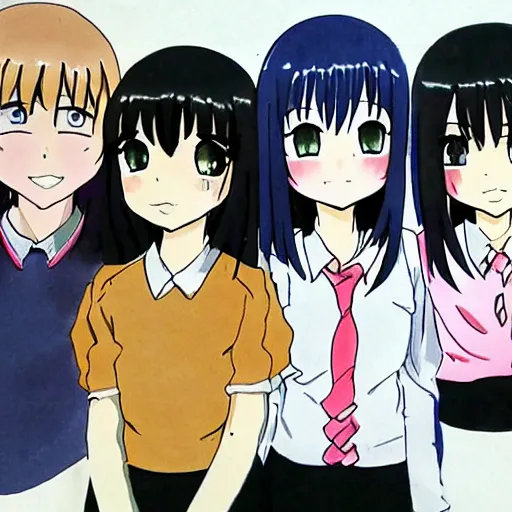 Prompt: All the watamote cast on a paper drawing