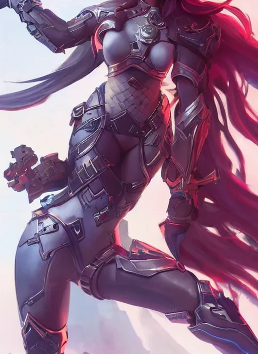 Image similar to beautiful new character for overwatch, full body armor, dual wielding swords, super powers, long red hair, intricate design, shiny, art by artgerm and greg rutkowski