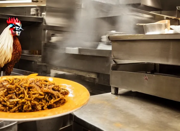 Prompt: photo of a rooster working in a chinese restaurant kitchens