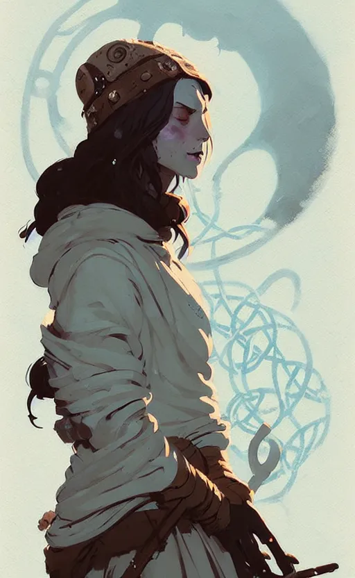 Image similar to female celtic druid by atey ghailan, by greg rutkowski, by simon stalenhag, by greg tocchini, by james gilleard, by joe fenton, by kaethe butcher dynamic lighting, gradient light blue, brown, blonde cream and white color scheme, grunge aesthetic