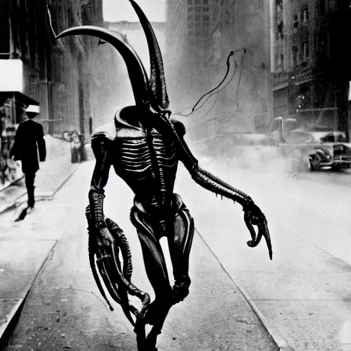 Image similar to old black and white photo, 1 9 1 3, depicting a xenomorph from the movie aliens rampaging through the bustling streets of new york city, historical record