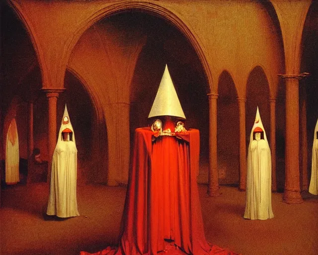 Image similar to devotion to the scarlet woman, priestess in a conical hat, coronation, ritual, sacrament, by francis bacon, beksinski, bosch, mystical redscale photography, opulence, luxury, maximalism.