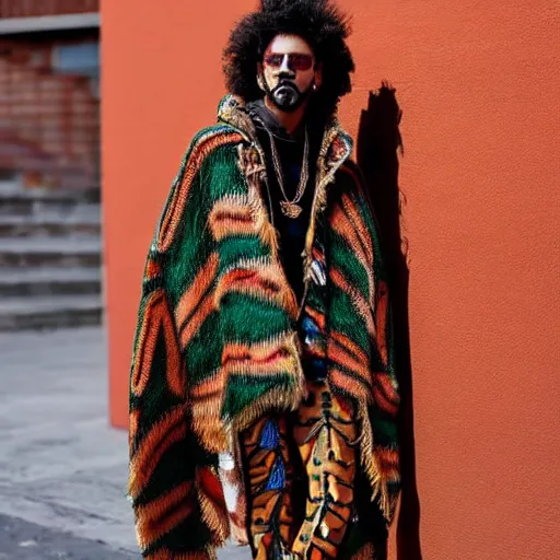 Prompt: hispanic brown skin wearing gucci colorful intense intricate textile chiton himation cloak tunic detailed streetwear cyberpunk modern fashion
