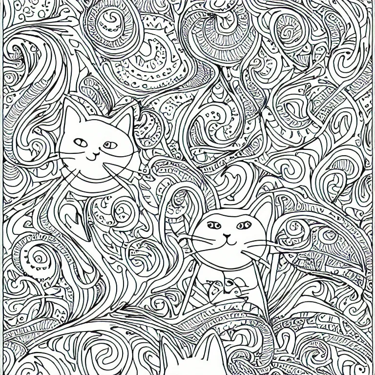 Image similar to cats ornaments fractal ink drawing line art colouring page, vector, margins, fine lines, centered