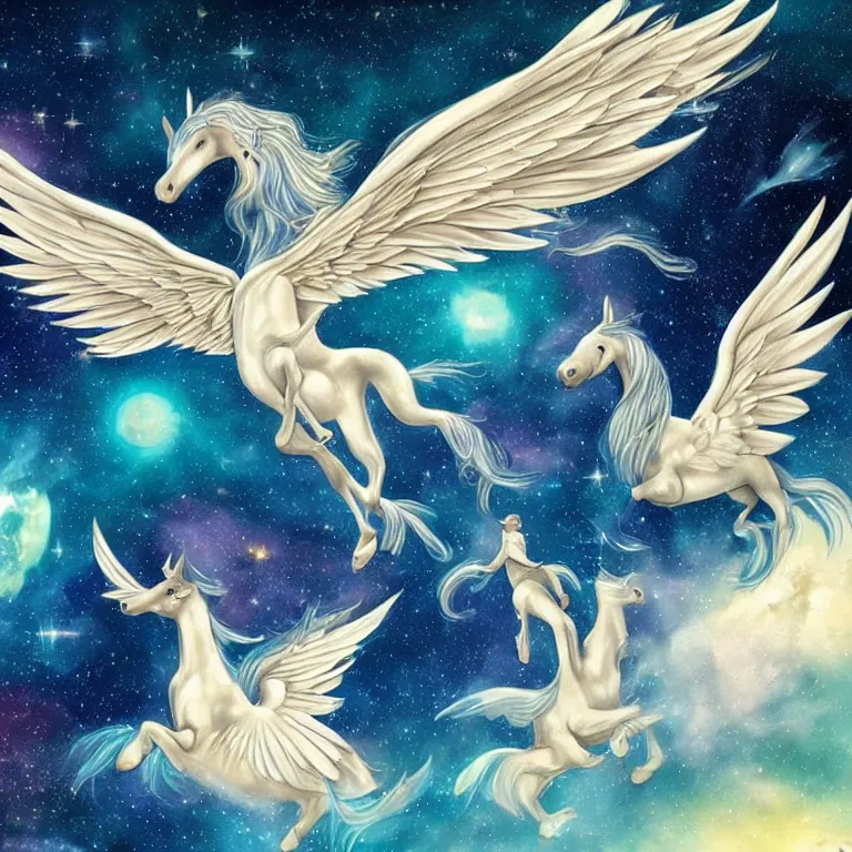 Image similar to beautiful mythical Pegasus flying through the cosmos