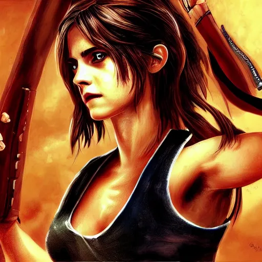 Image similar to Emma Watson as Lara Croft, digital art, highly-detailed, stunning