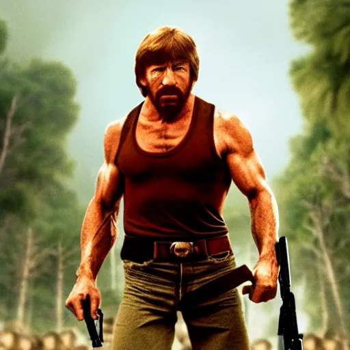 Image similar to Chuck Norris as Rambo, red sweatband, movie poster, award-winning, 4k, hyperdetailed