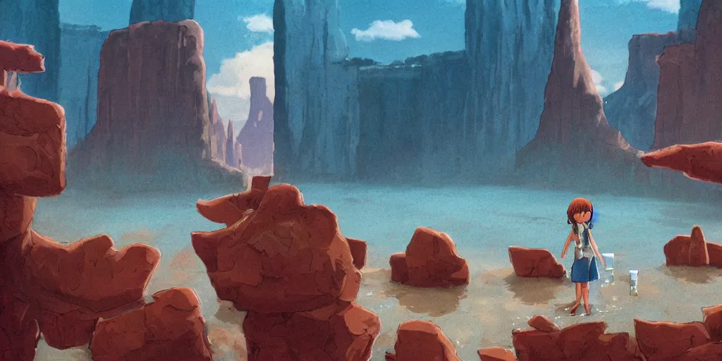 Image similar to a realistic cell - shaded studio ghibli concept art from paprika ( 2 0 0 6 ) of a tan human with fins and gills from close encounters of the third kind ( 1 9 7 7 ) in a flooded monument valley stonehenge. very dull colors, wide shot, hd, 4 k, hq