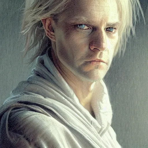 Image similar to portrait of 4 0 - year - old man with dirty blonde hair down to his waist, pale eyebrows and protuberant silver eyes, wearing a simple white robe, hyper realistic face, beautiful eyes, fantasy art, in the style of greg rutkowski, intricate, alphonse mucha, hyper detailed, smooth