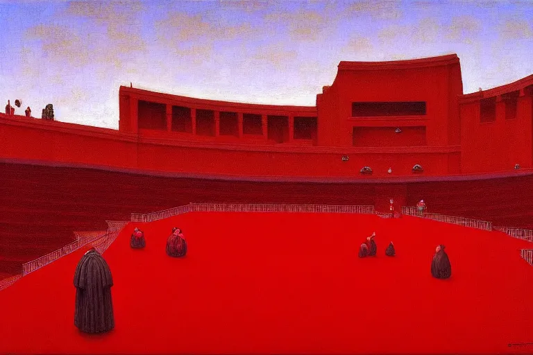 Image similar to only with red, a red great emperor, taormina amphitheatre, crowd with big smile, in the style of beksinski, parts by edward hopper, parts by rodcenko, parts by yue minjun, intricate and epic composition, red by caravaggio, insanely quality, highly detailed, masterpiece, red light, artstation, 4 k