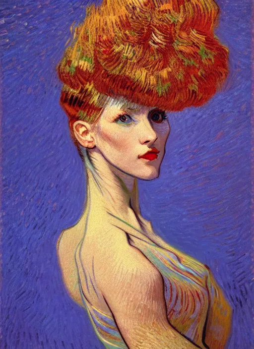 Image similar to !! detailed beautiful symmetrical portrait of a beautiful parisian dancer!!, detailed face, symmetrical painting, beautiful expressionist oil painting masterpiece, 8 k resolution, by van gogh, smooth, sharp focus, pastel color palette, trending on artstation