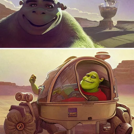 Image similar to shrek travels to the moon in a car, highly detailed, digital painting, artstation, concept art, smooth, sharp focus, illustration, art by artgerm and greg rutkowski and alphonse mucha