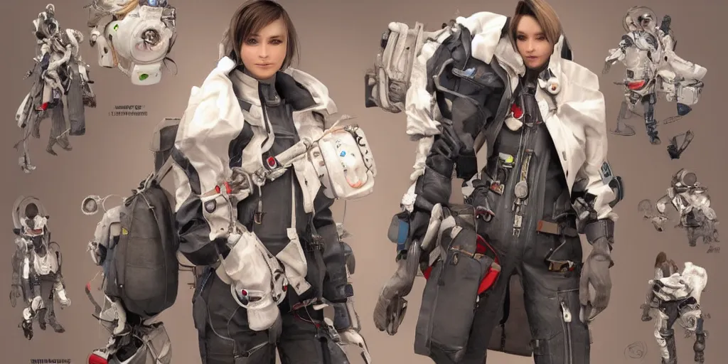 Image similar to A woman in scientist jacket with a system of straps and pouches for collecting material by Tetsuya Nomura with Ralph Horsley and Mario Testino, trending on artstation and pixiv clean sci-fi concept art and sheet that using unreal engine 5 renders and hyper detailed textures with cinematic light