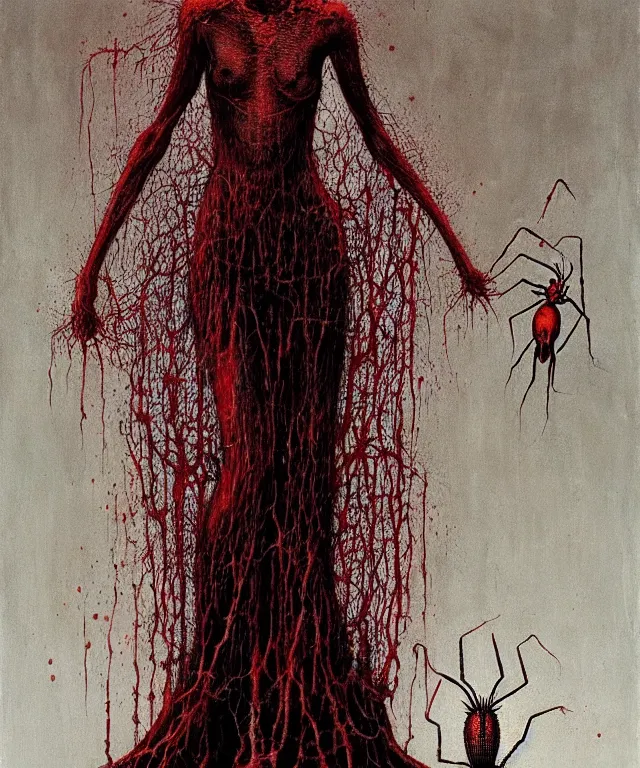 Image similar to woman standing. illustration of arachnophobia, fear of spiders, incredible amount of spiders, bugs. extremely high details, realistic, horror, creepy, masterpiece, art by hermann nitsch, zdzislaw beksinski, dariusz zawadzki, giger, dragan bibin