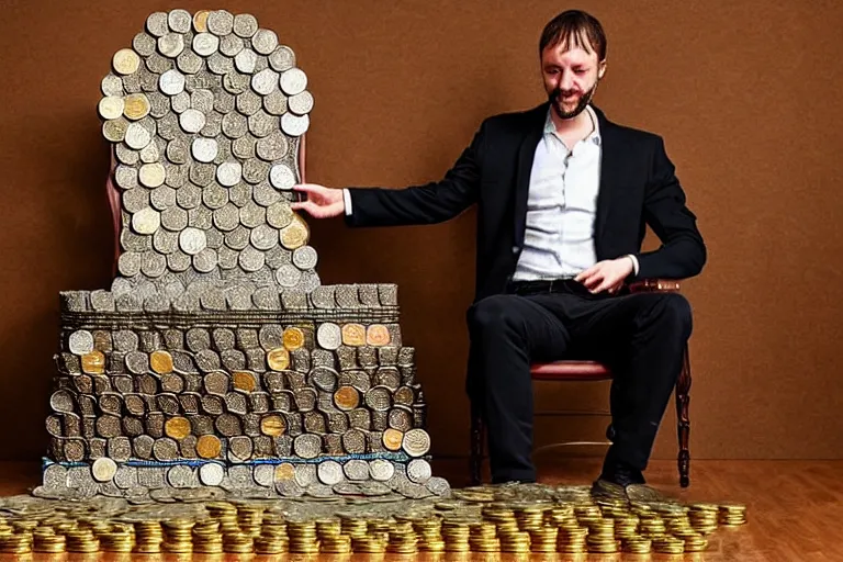 Prompt: man sitting, on a throne made of money, coins and dollars, in the style of game of thrones