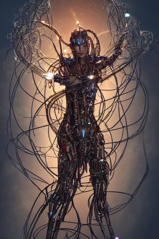 Prompt: an immaculate render of a dancing mystical tribal android adorned with robotic scrap and cables and synthesizer parts is surrounded by wild tenticles made from elven architecture and incense smoke, full body, perfect face, powerful, cinematic, beautifully lit, by artgerm, by karol bak, 3 d, trending on artstation, octane render, 8 k