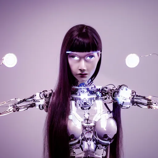 Prompt: beautiful centered fine art photo portrait of romantic beautiful girl as a solarpunk robotic humanoid, mechanical parts with led lights, pudica pose, photorealistic, white background, highly detailed and intricate, soft box lighting, hdr 8 k