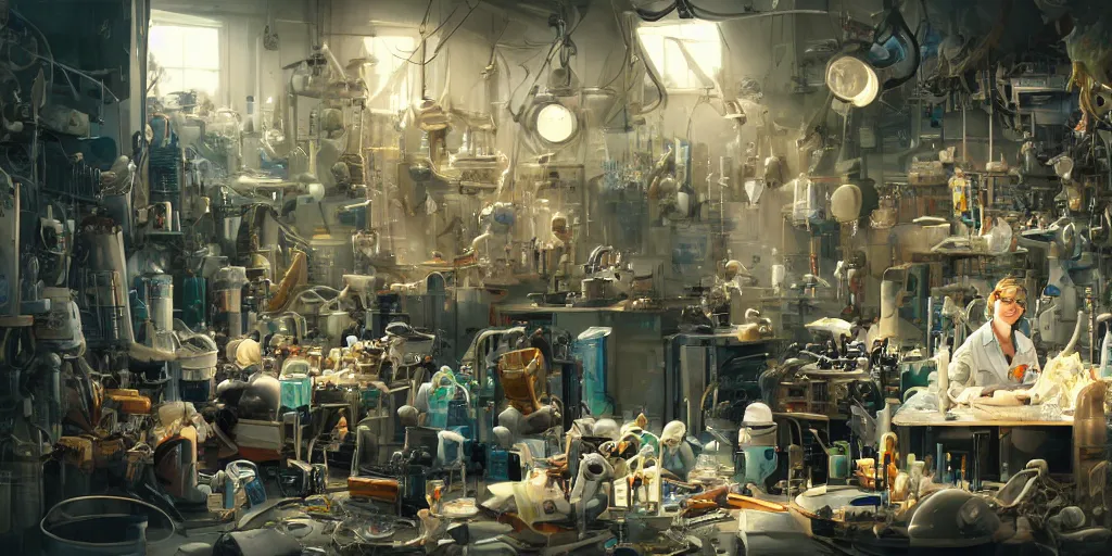 Image similar to an environmental concept art of a female scientist building a robot in a cluttered workshop, highly detailed, cinematic, dramatic lighting, close shot by francis tneh