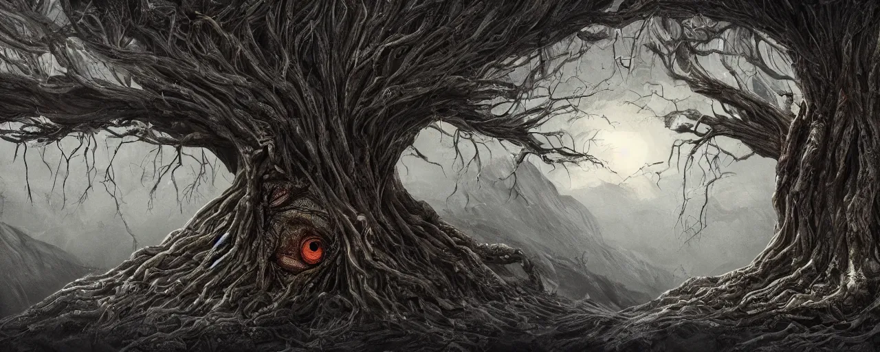 Prompt: a large tree full of eyes relinquished by the mountain, eerie, dark, large scale, breathtaking, mixed media, digital art, trending on artstation, 8k, epic composition, highly detailed, AAA graphics