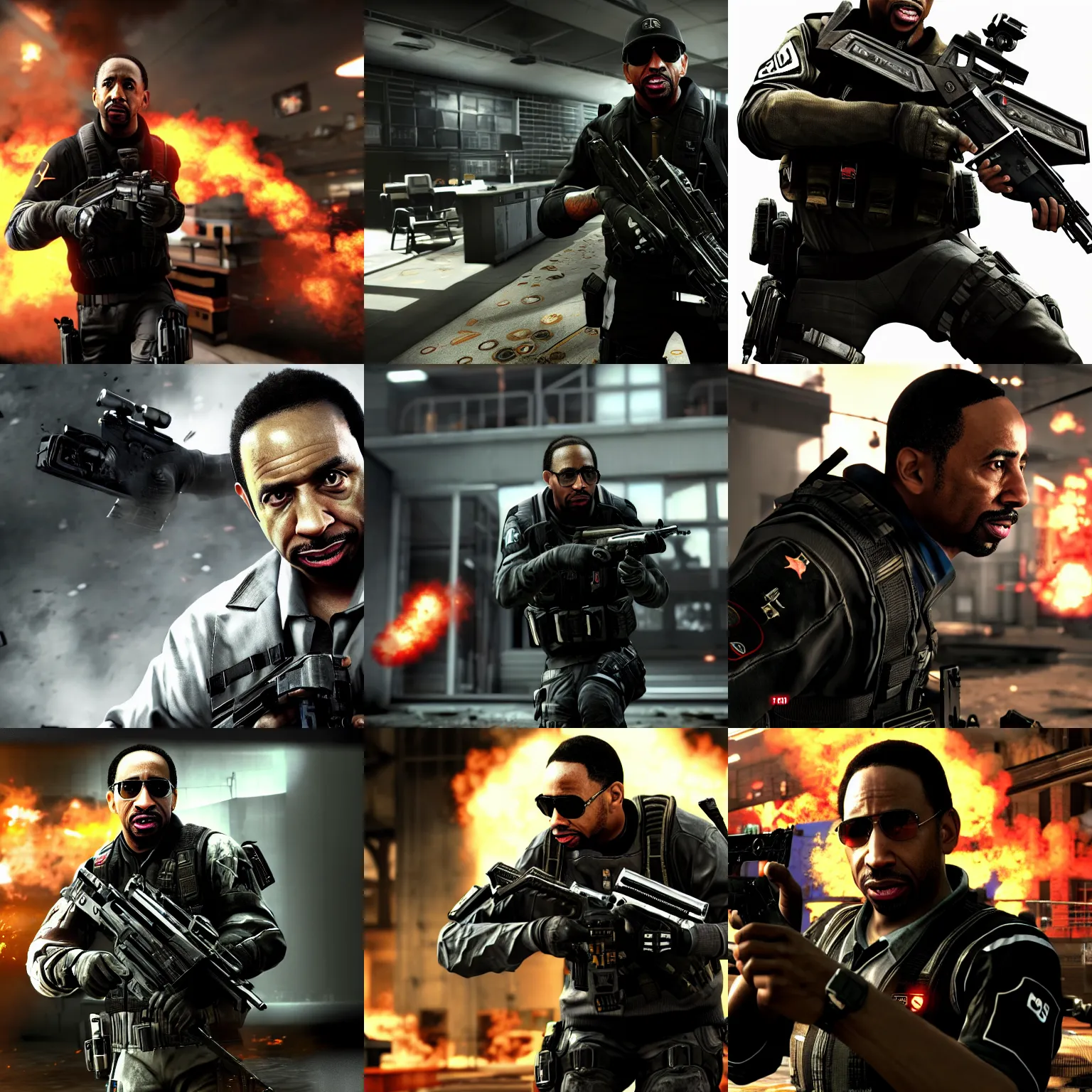 Prompt: stephen a smith in black ops 2, ps 3, video game still, action shot, raytracing
