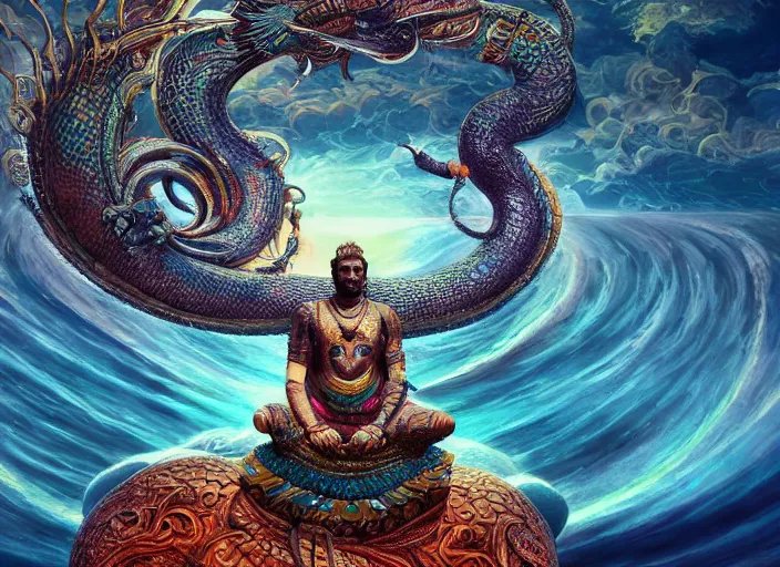 Prompt: vishnu sitting on adishesha the thousand headed universal serpent, floating across the cosmic ocean, digital art, octane render, highly detailed, intricate, by android jones and michael divine