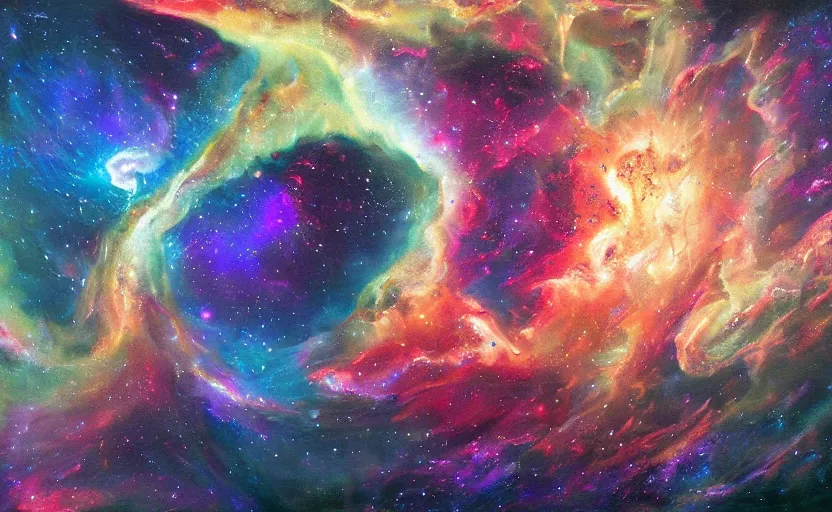 Image similar to an abstract oil painting of an unbelievably beautiful space nebula; hyper-detailed; an extraordinary masterpiece!!!; flawless; trending on artstation