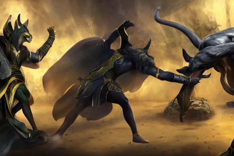 Image similar to battle to the death between anubis and loki, 4 k, hd, concept art