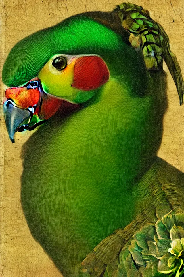 Image similar to a renaissance close up portrait of a green duck parrot as a ninja turtle, centered, triumphant, beautiful intricate painting