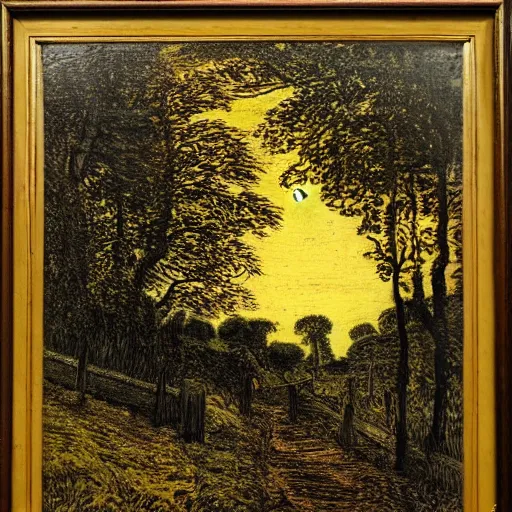 Image similar to a country path in the style of Samuel Palmer
