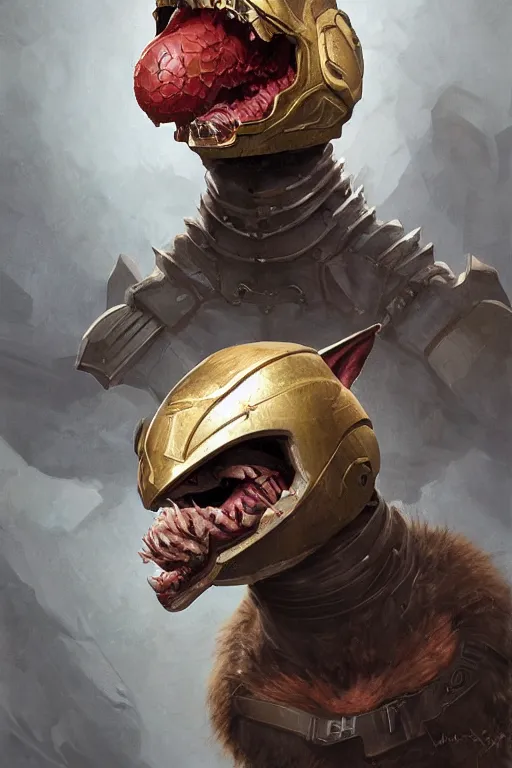 Image similar to portrait of the husklife kobold bringer wearing cracked helmet by artgerm and Craig Mullins, James Jean, Andrey Ryabovichev, Mark Simonetti and Peter Morbacher 16k