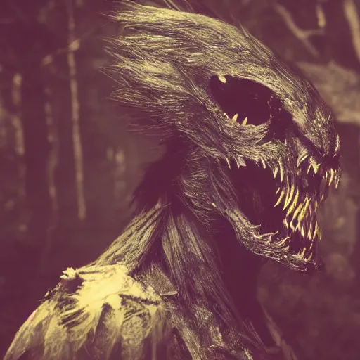 Image similar to werecreature consisting of a crow and a human, featured on artstation, photograph captured in a dark forest