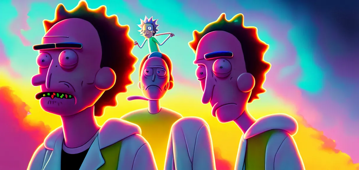 Prompt: post - minimalism portrait of rick & morty, top down view, lizard king / queen forgiveing, iridescent clouds, vibrant color scheme, highly detailed, in the style of romanticism, cinematic, artstation, moebius, greg rutkowski