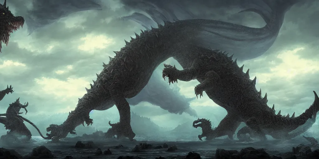 Prompt: a mythical battle between Kaiju, by Andreas Rocha, Scott Ted Nasmith, cinematic lighting, Epic final masterpiece, highly detailed, 8k resolution