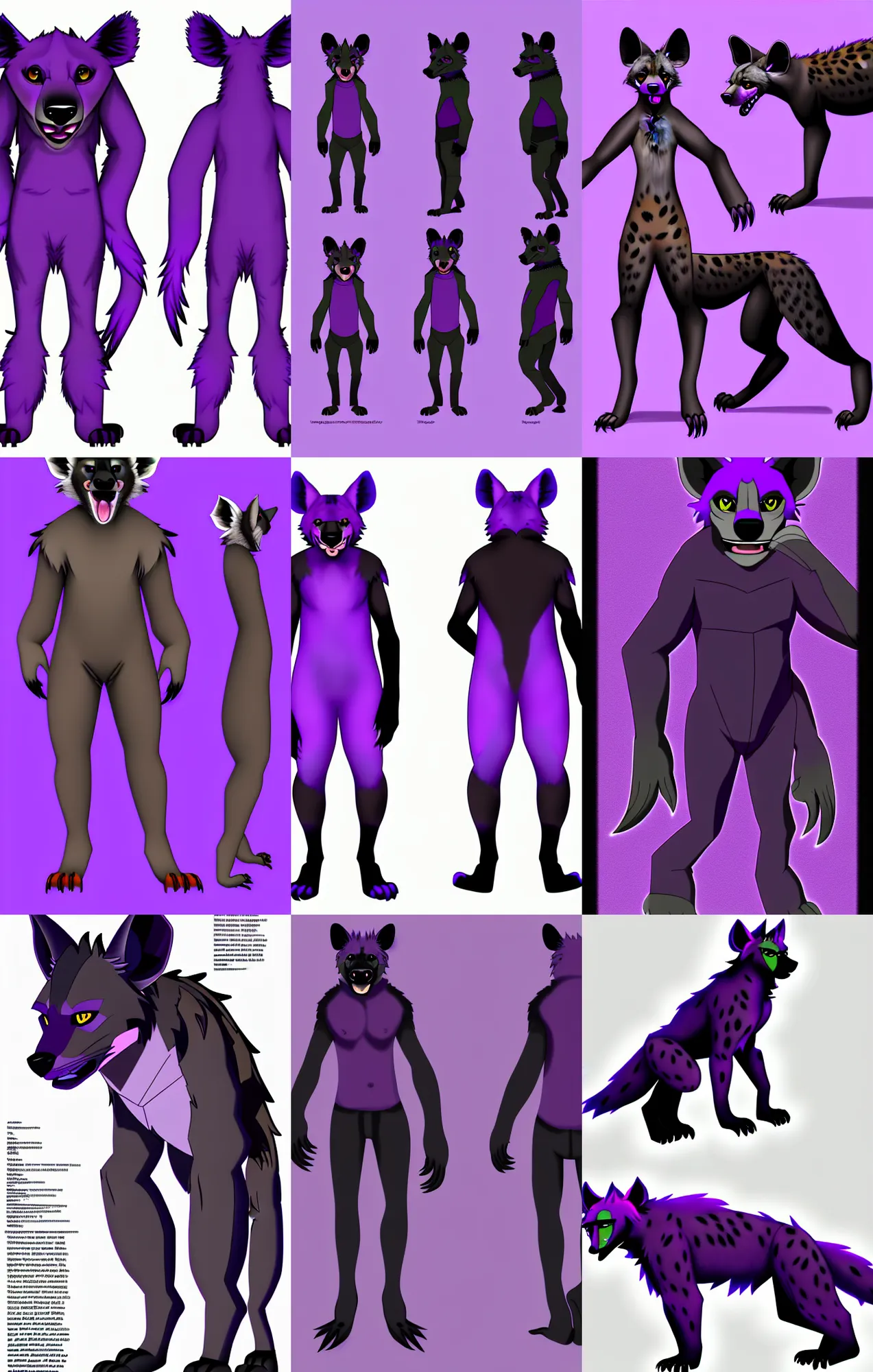 Image similar to a full - body centered front - perspective furry reference sheet, a male hyena fursona, purple and black color scheme, trending on weasyl, high - resolution, photorealistic