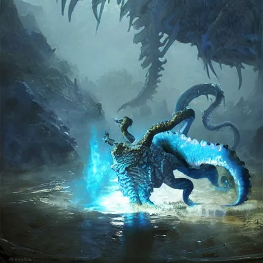 Image similar to blue crocodile squid hybrid, epic fantasy style art by Craig Mullins, fantasy epic digital art, epic fantasy card game art by Greg Rutkowski