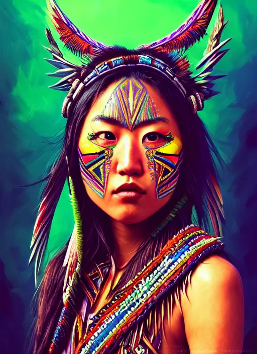 Image similar to portrait of karen fukuhara, hyper detailed ultra sharp aztec shaman warrior. trending on artstation, warpaint aesthetic, bloodwave, colorful, psychedelic, ornate, intricate, digital painting, concept art, smooth, sharp focus, illustration, art by artgerm and greg rutkowski and h. r. giger, 8 k