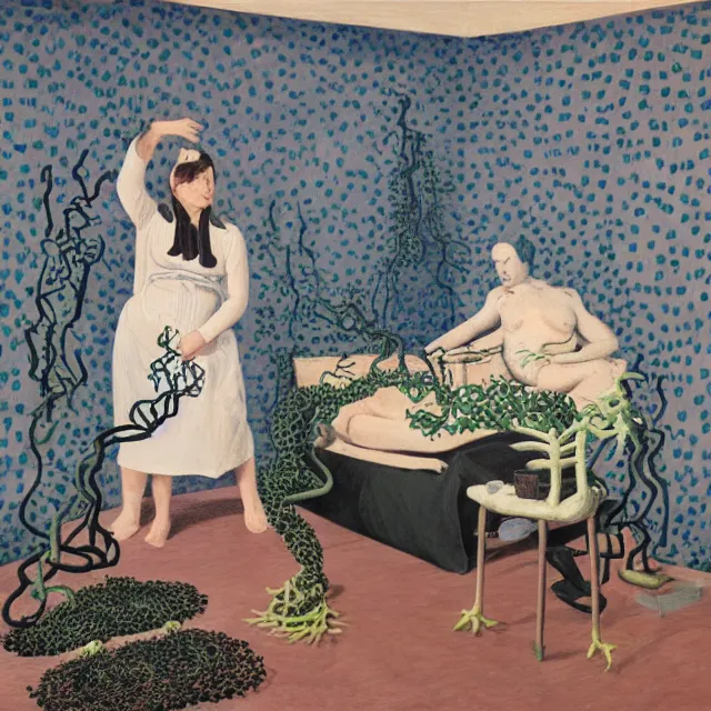 Prompt: a queer female pathology student in her apartment, wrapped in vines, medical equipment, stepping stones, octopus, bones, black walls, ikebana, black armchair, sculpture, acrylic on canvas, surrealist, by magritte and monet