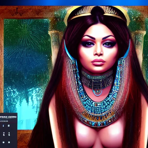 Image similar to portait egyptian princess haifa wehbe, centred, very long hair, hd, unreal engine, art digital painting, final fantasy style, amazing background theme