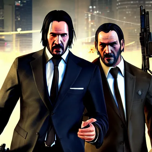 Prompt: john wick pointing a gun at person in GTA V loading screen, HD